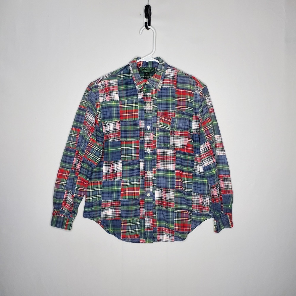 Lauren Ralph Lauren Vtg Madras Plaid Patchwork Button Collar Shirt Women PS
